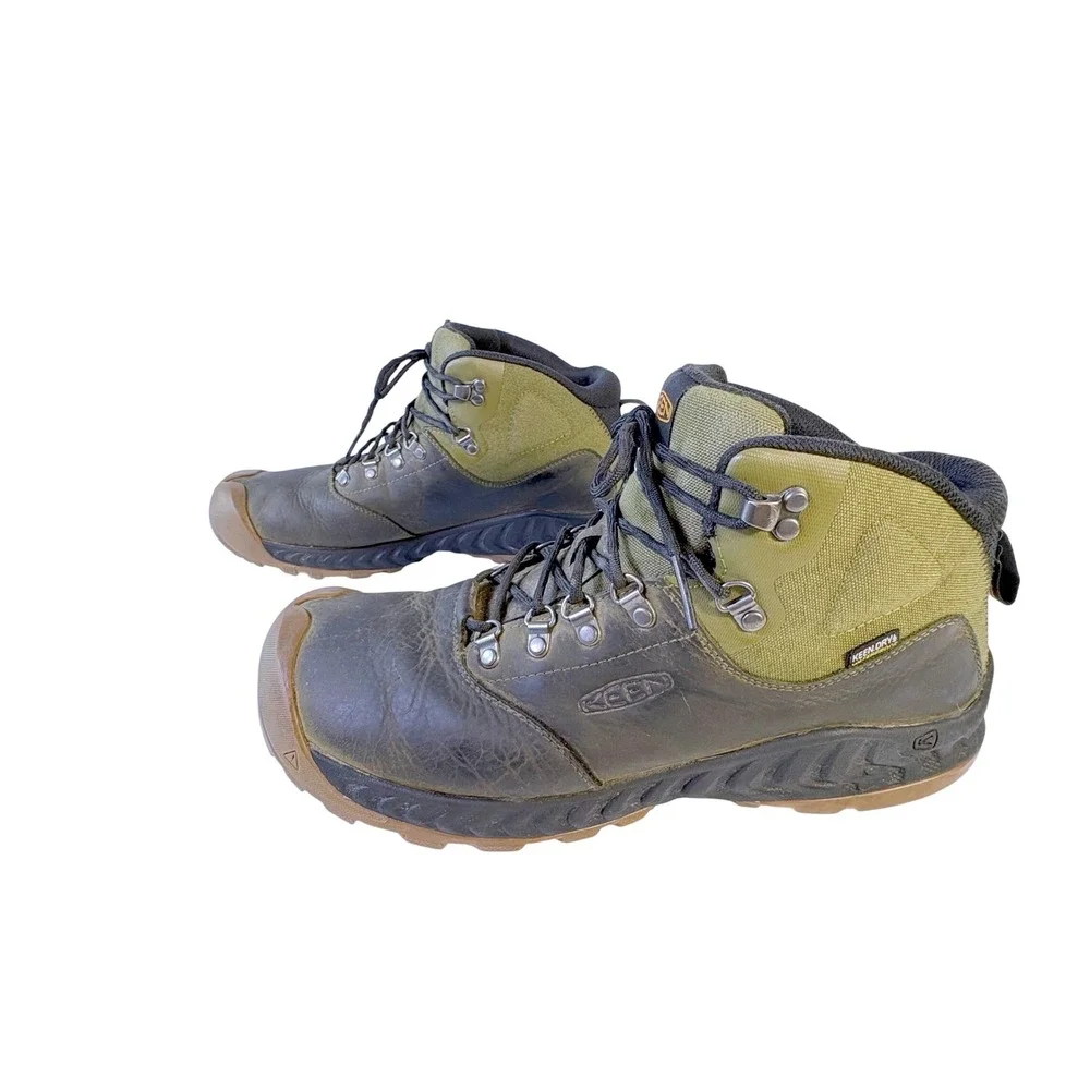 Keen Dry Waterproof Hiking Boots Mens 12 Green Black Leather Mid Trail Shoes